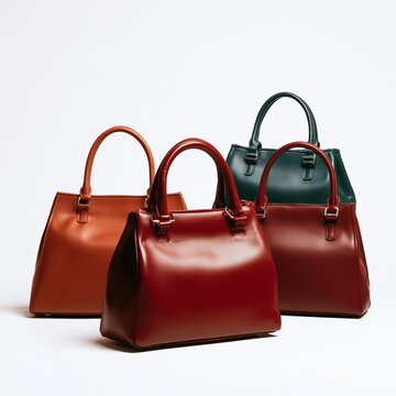 Leather handbags sit against white backgrounds.