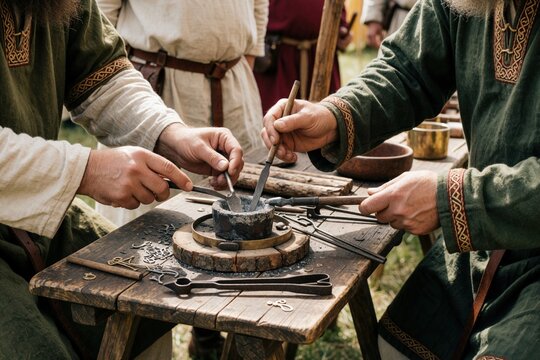 Men in historical clothes create Viking jewelry. Artisans use old tools to craft metal rings and pendants at outdoor fair. Showing ancient metalworking craft.