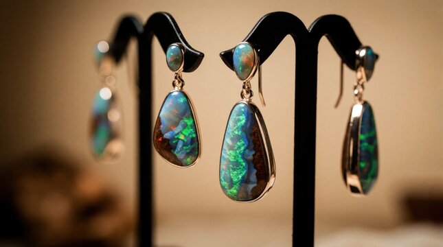 Pair of boulder opal drop earrings with natural ironstone backing display vivid green blue play of color. Elegant gemstone jewelry hangs on black stand, showcasing precious stones.
