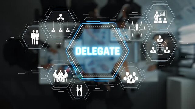 Modern Business Concept Illustration Featuring Delegate Management with Diverse Icons for Team Collaboration and Leadership Enhancement Sigmoid