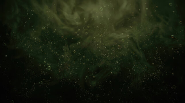 Suspended bubbles in dark green murky liquid with swirling smoke textures, mysterious atmospheric abstract background