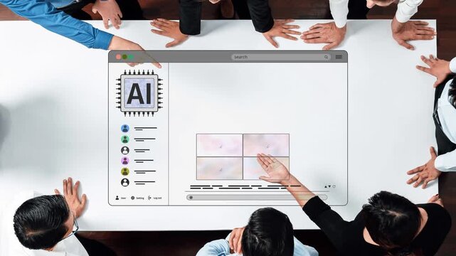 A dynamic team engages around a digital screen showcasing abstract AI-generated artwork. This modern office scene highlights collaboration and innovation in a creative workspace. Raster