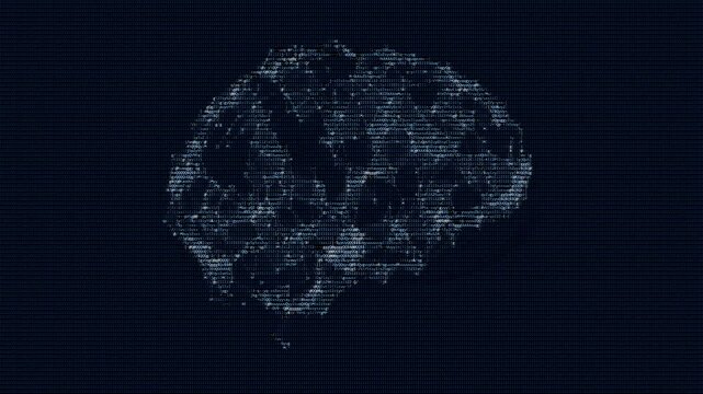 Human brain made of ASCII code characters on dark background