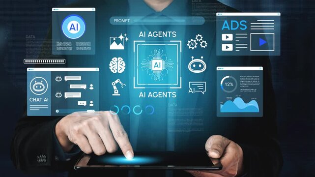 Businessman Interacting with Digital Interfaces Showcasing AI Technologies on a Tablet Device in a Modern Office Environment. Entropy.