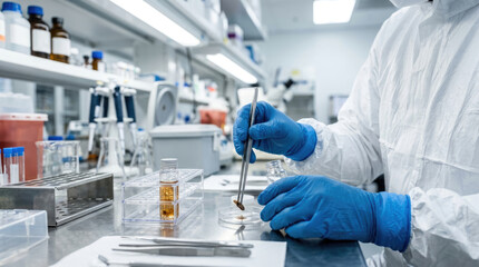 Fototapeta premium Lab technician in sterile suit using tweezers to handle specimen, biotechnology research concept