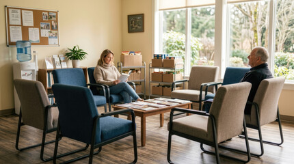 Fototapeta premium People waiting in a bright clinic lobby or community center representing public health and support services