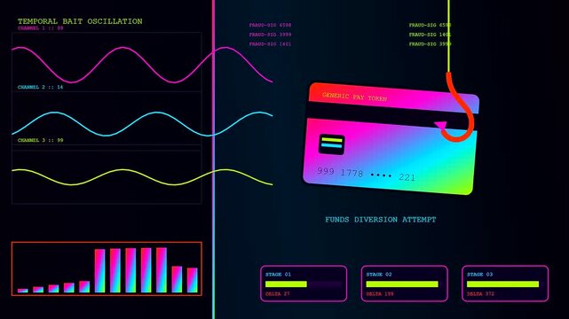 A flashing phishing alert appears on a digital screen displaying colorful wavy oscillating graphs and credit card icons during an attempt to steal secure financial data