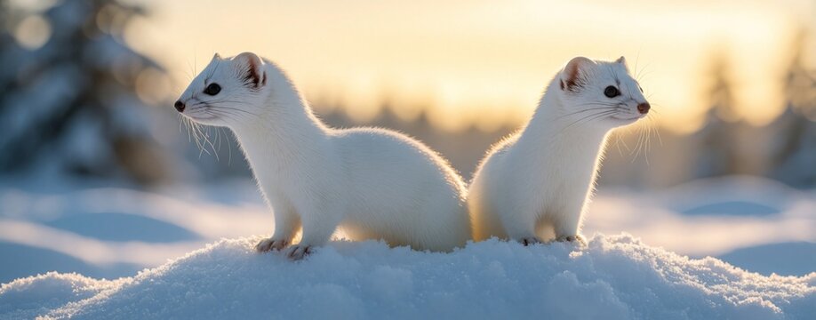 Two white ermines stand alert in snowy landscape during golden hour sunset. Small carnivores with pure white fur blend into winter environment. Wildlife creatures observe surroundings.