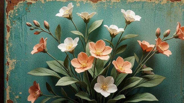 Fimo clay flowers in peach, white colors. Handcrafted plant design with green leaves on textured teal background. Retro style botanical art for spring decor textile pattern. Minimalist clay craft art