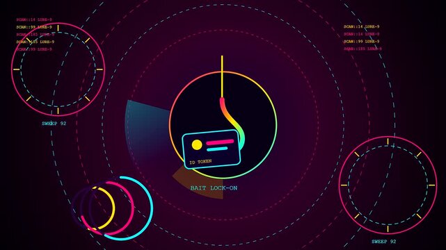 A digital phishing alert graphic displays an identification token hook scanning for data patterns within a dark circular interface of glowing lines and neon radar rings
