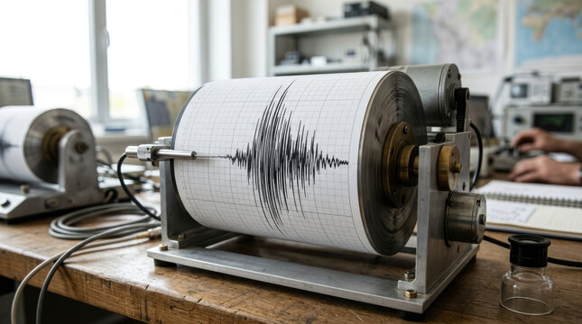 Seismograph machine recording seismic waves on a paper drum in a geology lab for disaster prevention science