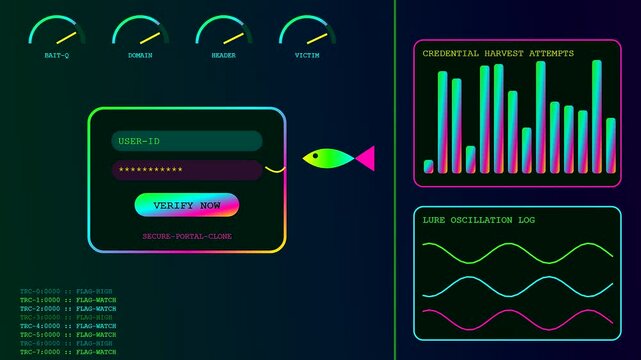 A digital phishing alert display features multiple interactive monitoring dashboards with neon charts and stylized fish icons blinking in a sequence of simulated cyber attack activity