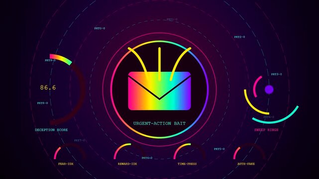 A digital phishing alert display features multiple circular gauges with glowing neon gradients surrounding a central message icon representing modern cyber security warning system interface