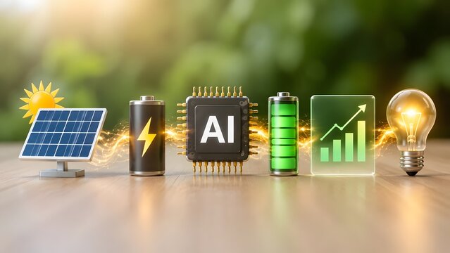 Artificial intelligence powered renewable energy concept with solar panel, batteries, AI microchip and growth chart connected by glowing electricity on wooden table