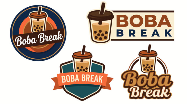 This image showcases various logo designs for a boba tea shop named 'Boba Break', highlighting different styles and color combinations for branding opportunities.