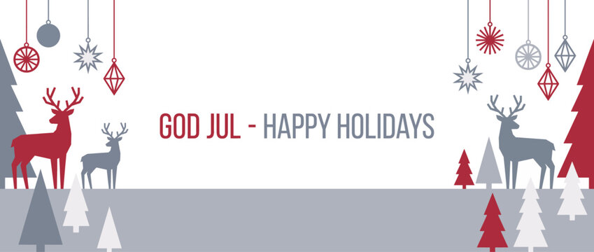 Minimalist Nordic Christmas Banner with Reindeer Trees and God Jul Text