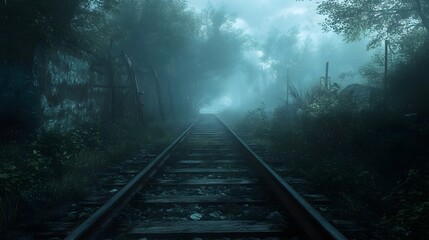 Fototapeta premium A dense fog covering an abandoned railway, with ghostly apparitions faintly visible.