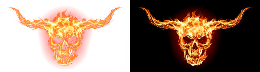 Fototapeta premium Fiery horned skull symbol made of blazing orange flames and glowing ember veins isolated transparent png overlay