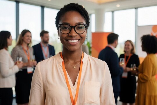 Smiling African American woman works as public relations officer at business event. Professional female organizer wearing orange lanyard stands in conference room. Diverse colleagues network, chat