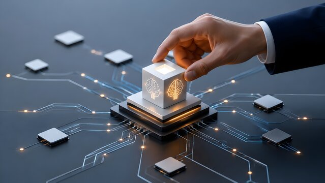 Hand installing artificial intelligence brain cube onto processor motherboard symbolizing neural machine learning and tech innovation