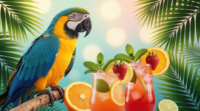 Blue and yellow macaw sits on a branch with tropical cocktails and palm leaves. Fresh fruit drinks with mint and ice are perfect for summer.