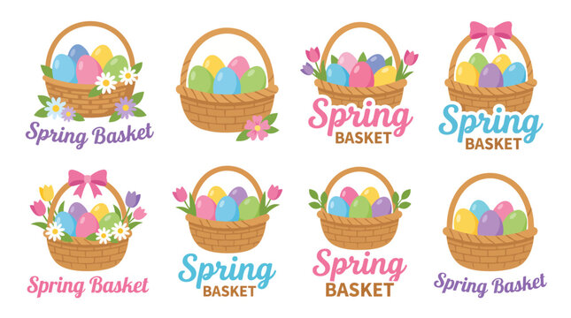 A delightful assortment of eight spring basket designs, featuring colorful eggs and flowers, perfect for celebrating Easter with a touch of whimsy and charm.