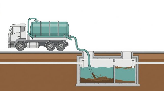 A truck is pumping waste from a septic tank. The connection is made by a green hose. The scene depicts a typical residential plumbing system.