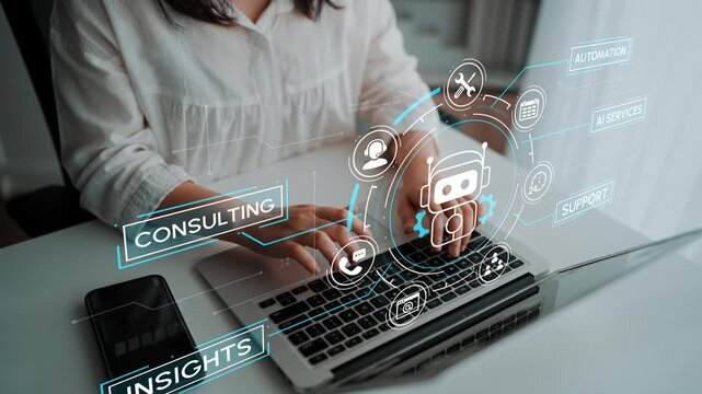 Professional Digital Consultant Working on Laptop with Automation and Insights Symbols, Representing Modern Technology in Business. Entropy.