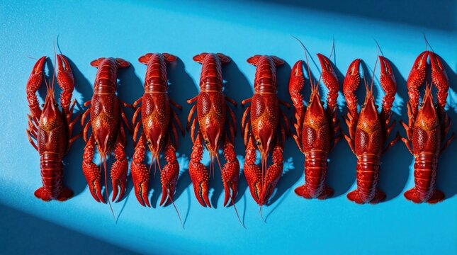 Overhead view of six cooked red crawfish lined up on bright blue background. Fresh seafood crustaceans arranged in row for culinary presentation. Tasty crayfish meal ready to eat for dinner lunch.