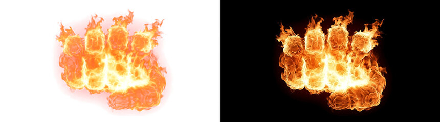Fototapeta premium Clenched fist flame symbol with raised fire knuckle blocks transparent PNG cutout
