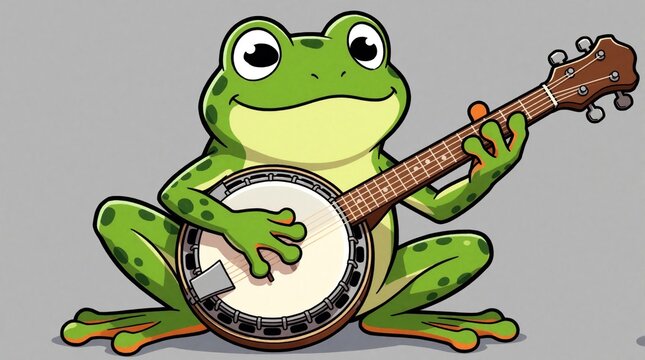 Green cartoon frog plays banjo with happy expression. Cute amphibian character creates music. Fun amphibian plays stringed instrument, isolated illustration.