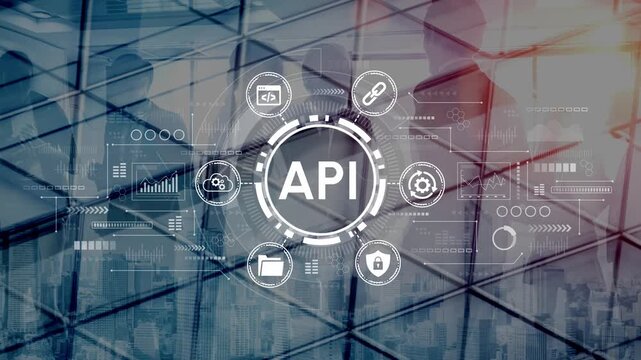 Modern Digital API Technology Concept with Business Figures Overlaid on Glass Building Background Illustrating Data and Connectivity. Entropy.