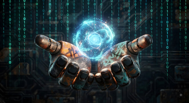 
Robot Hands Holding Glowing Digital Globe with Binary Code Background
