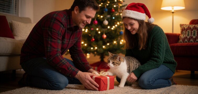 Family celebrating Christmas with pets as a father gives a gift to his daughter near a festive Christmas tree and their cat.