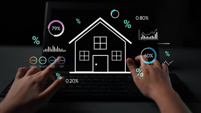 Abstract digital illustration of data analytics over a laptop keyboard depicting housing market trends and statistical analysis for real estate professionals. Entropy.