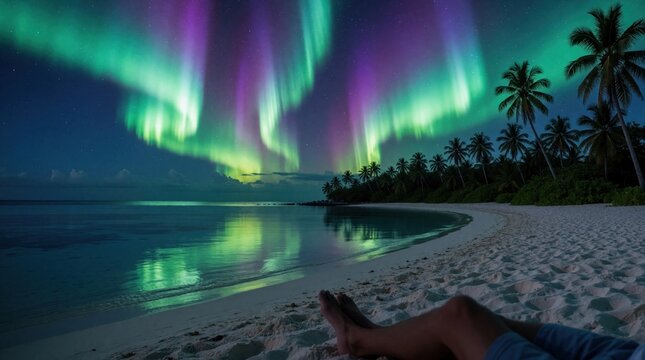 Person relaxes on sandy tropical beach watching vibrant aurora borealis dance in night sky. Colorful polar lights reflect on calm ocean water. Palm trees line shore, creating peaceful exotic island