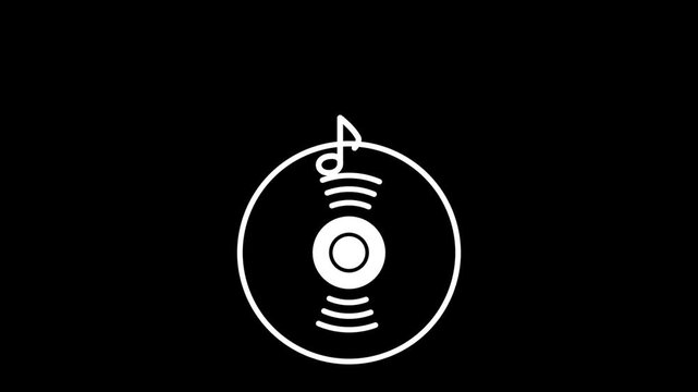 Animated white line art of a spinning vinyl record with musical notes on a black background. Great for music concepts.