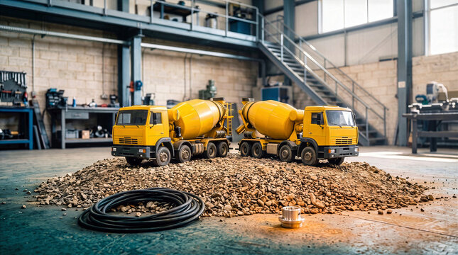 Two miniature yellow concrete mixer trucks standing on a heap of gravel inside industrial workshop floor. Scale model cement mixing vehicles on stone pile near coiled black electrical cable