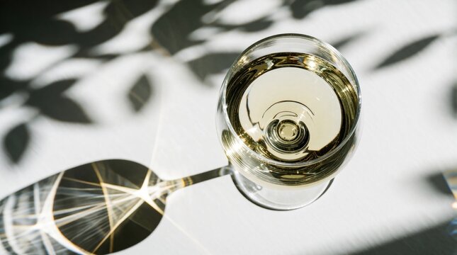 Glass of white wine sits on white surface. Bright sunlight creates leaf shadows and geometric refractions on table. Refreshing summer drink is ready for enjoyment.