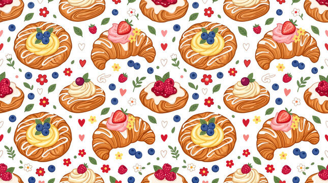 Sweet Pastries and Berries Seamless Pattern