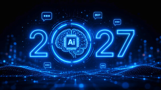 2027 artificial intelligence concept with glowing ai brain and chatbot icons | 2027 ai technology and chatbot automation concept for future digital intelligence