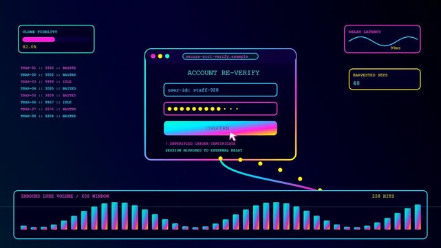 A digital phishing alert display shows simulated malicious account verification forms with glowing user login interfaces and fluctuating data bars against a dark screen environment
