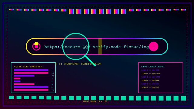 A digital phishing alert interface reveals dangerous website address verification sequences while flickering neon purple and teal data bars analyze suspicious web links for security