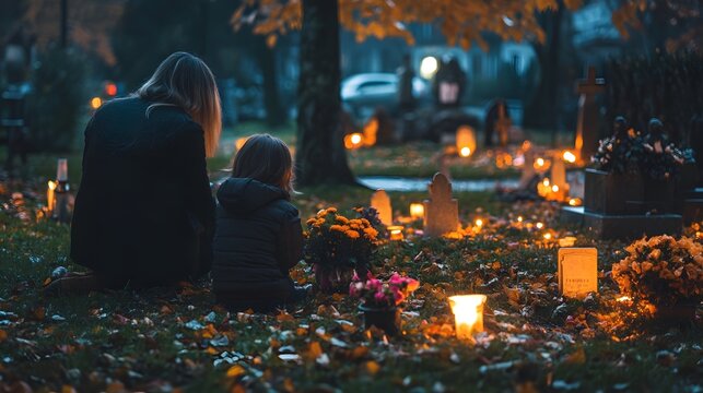 A family visiting the graves of their loved ones on All Saints Day, leaving flowers and candles.