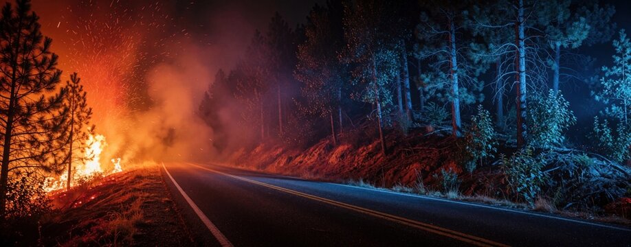 Night scene shows wildfire burning forest near road. Smoke fills air, orange flames illuminate trees and dark sky. Nature fury visible in dramatic inferno.
