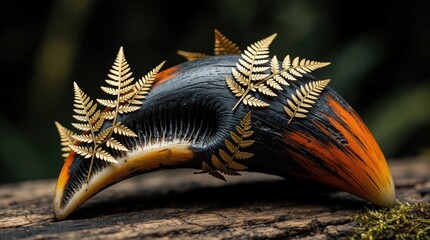 Fototapeta premium Close view of a dark tapir claw adorned with gold ferns. The organic object rests on weathered wood with moss. This still life composition offers a mysterious jungle vibe.