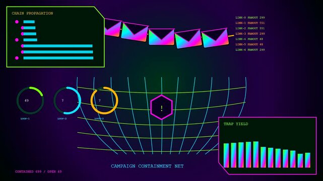 a futuristic phishing alert graphic depicts digital envelope chains transferring data across glowing holographic grid panels while tracking server traffic flow in this virtual environment display