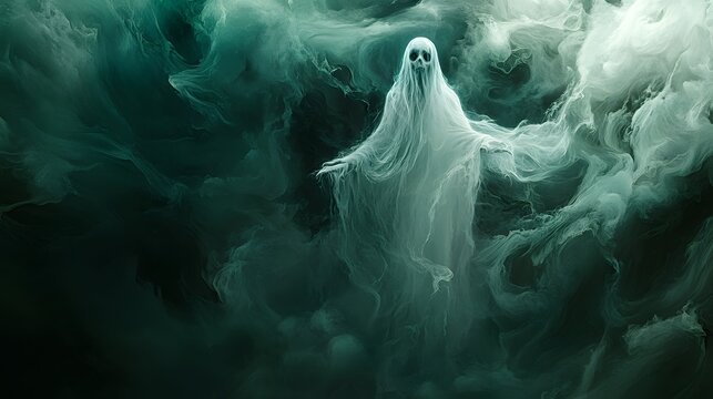A floating ghost surrounded by swirling mist, creating an ethereal Halloween image.