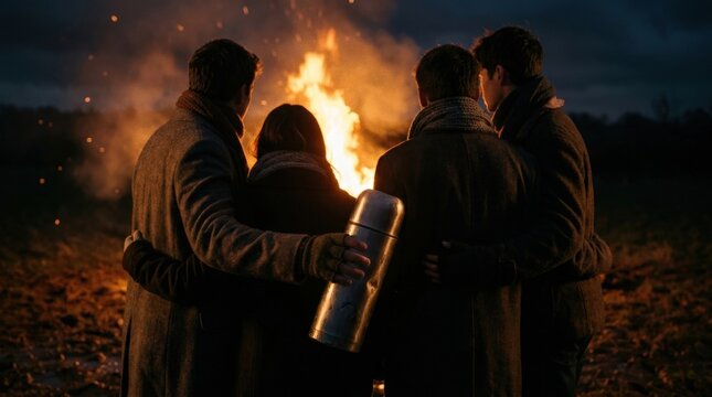 Guy Fawkes Night Winter Community Gathering Sharing Warm Thermos by Firelight
