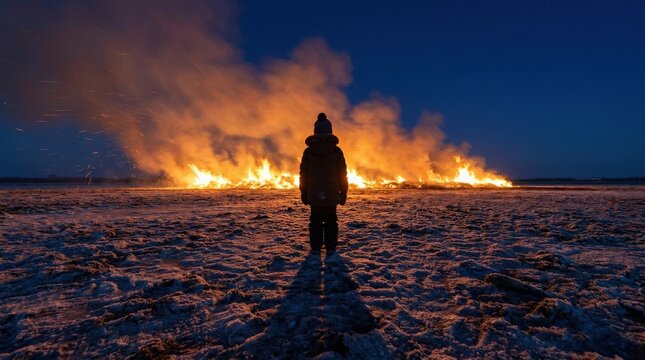 Guy Fawkes Night Firelight Silhouettes of Lone Child Facing Towering Inferno